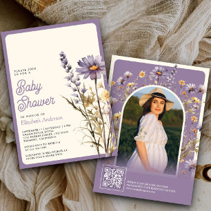 Staubige lila Wildblumen-Foto-QR-Code-Baby-Party Einladung