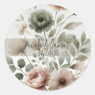 Staubige Olive- und rosa Aquarell-Blumenhochzeit Runder Aufkleber