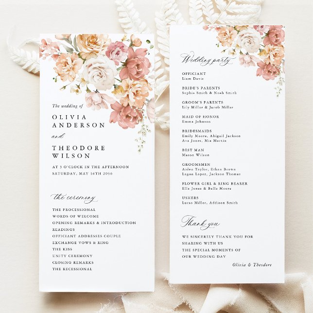 Staubige Pink-Rosen-Blumen-Hochzeitszeremonie Programm (Dusty Pink Rose Floral Wedding Program, double sided ceremony program, blush wedding stationery)