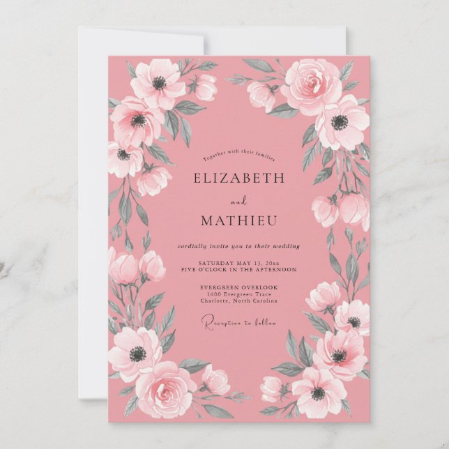 Staubige rosa Anemone Hochzeit Einladung (Vorderseite)