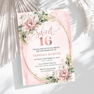 Staubige rosa Blumen Eukalyptus Sweet 16 Einladung