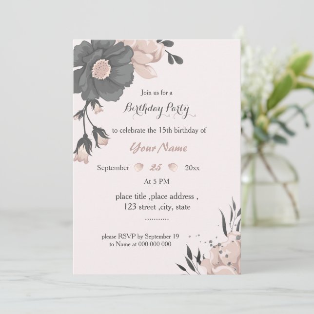 staubige, rosa dunkelgraue Blume phantastischer Ge Einladung (Stehend Vorderseite)