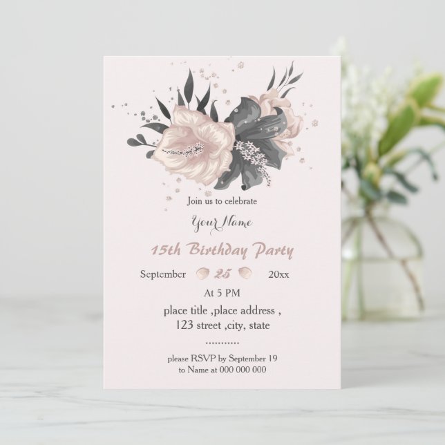 staubige, rosa dunkelgraue Blume phantastischer Ge Einladung (Stehend Vorderseite)