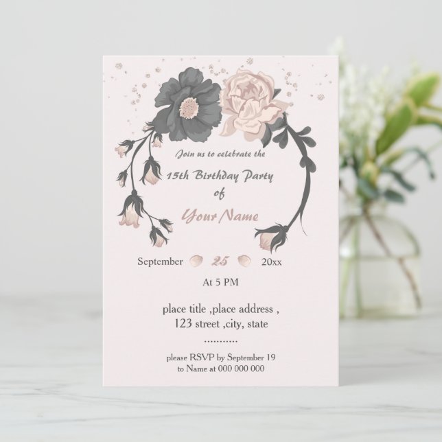 staubige, rosa dunkelgraue Blume phantastischer Ge Einladung (Stehend Vorderseite)