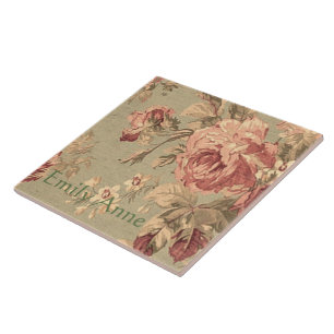 Staubige rosa und weises Grün-Rosen personalisiert Fliese