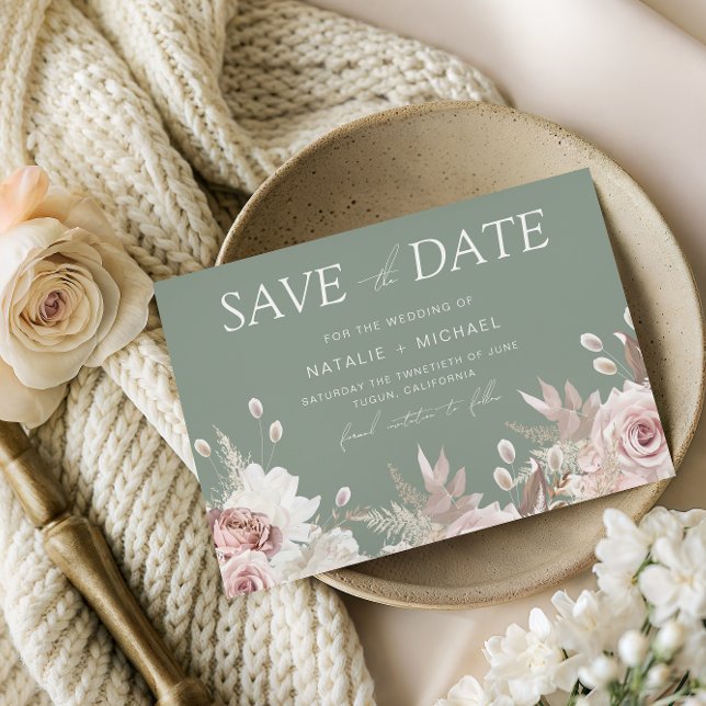 Staubige Rose, Blush & Sage Boho Blumenhochzeit Save The Date (Von Creator hochgeladen)