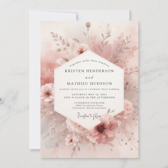 Staubige Rose Blüten Eleganz Hochzeit Einladung (Vorderseite)