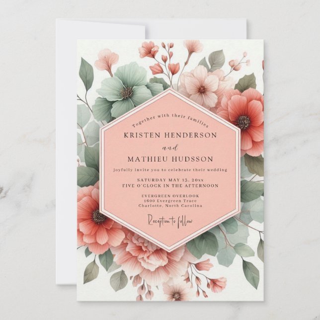 Staubige Rose Botanische Romantische Hochzeit Einladung (Vorderseite)