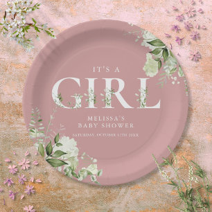 Staubige Rose Es ist ein Mädchen Grüne Letter Baby Pappteller