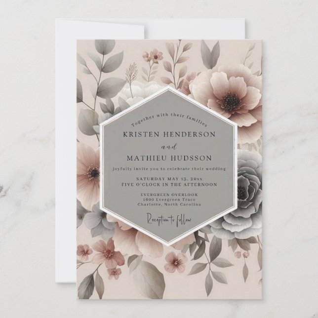Staubige Rose Neblige Blütenhochzeit Einladung (Vorderseite)