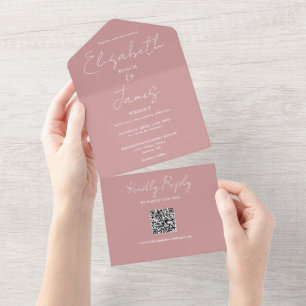Staubige Rose Pink Elegante Schrift QR-Code Hochze All In One Einladung