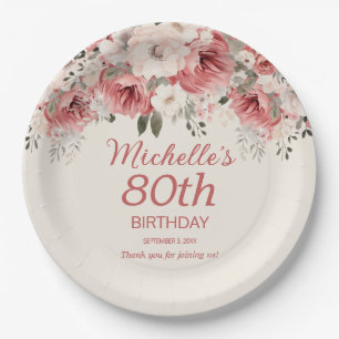 Staubige Rose Rot Creme Aquarell Blumen 80. Pappteller