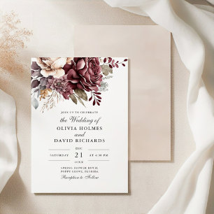 Staubige Rose und Burgunder Blumen Boho Hochzeit Einladung