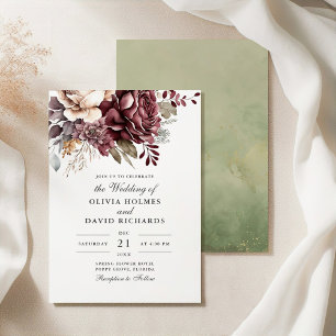 Staubige Rose und Burgunder Blumen Boho Hochzeit Einladung