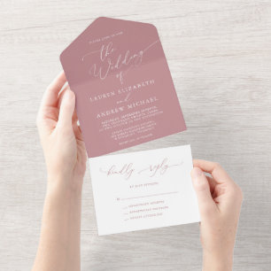 Staubige Rose und Weiß Minimalistische Hochzeit All In One Einladung