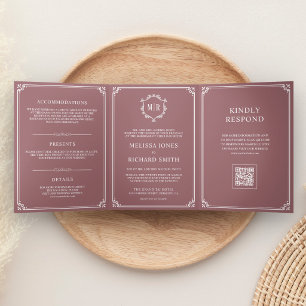 Staubige Rose und weiße Monogramm-QR-Code-Hochzeit Dreifach Gefaltete Einladung
