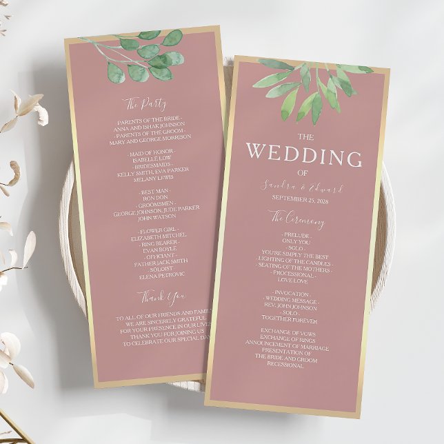 Staubige Rosen Botanische Hochzeitsprogrammkarte Programm (Von Creator hochgeladen)