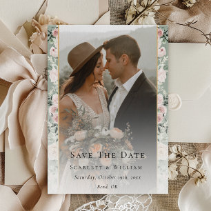 Staubige Rosen-Salbei-Grüne Vintage-Hochzeitsfoto Save The Date