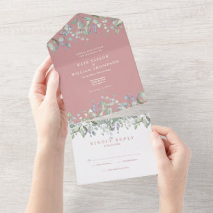 Staubige Rosen-Salbei- und Flieder-Blumenmonogramm All In One Einladung