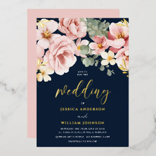 Staubige Rosen-Wasserfarben-Blumenhochzeit Navy & Folieneinladung