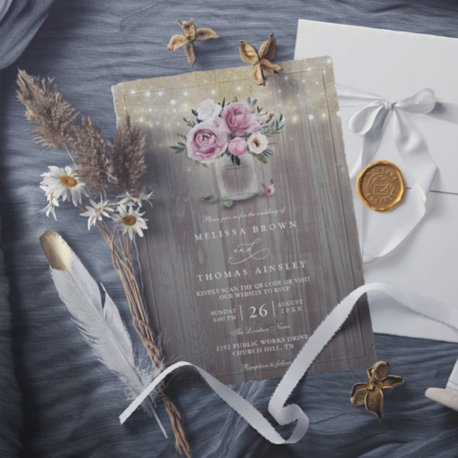 Staubige Rosenblumen-Mason-Glas-ländlicher QR-Code Einladung (Von Creator hochgeladen)