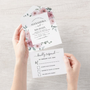 Staubige Rosenblüten-Hochzeit Eukalyptus RSVP All In One Einladung