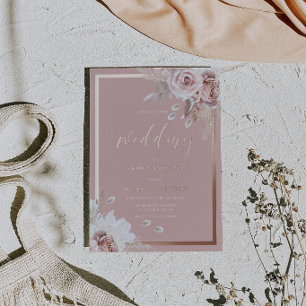 Staubige Rosenhochzeit Roségoldrand Folieneinladung
