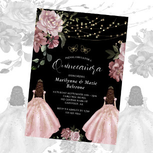 Staubige Rosenprinzessin Floral Twins Quinceañera Einladung