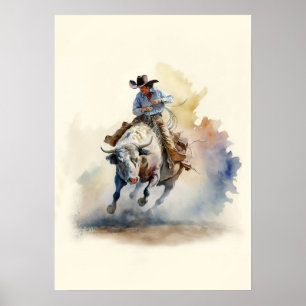 Staubige Western-Wasserfarbe “Rodeo Bull Rider” Poster
