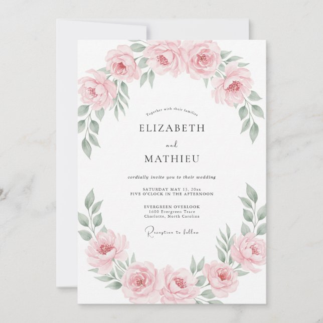 Staubiger-rosa-Kranz-Hochzeit Einladung (Vorderseite)