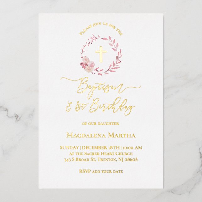 staubiger rosa Kranz | Taufe und 1. Geburtstag Folieneinladung (Vorderseite)