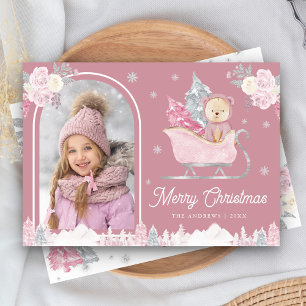 Staubiger rosa Weihnachtsbaum Süßer Teddybogen Fot Feiertagskarte