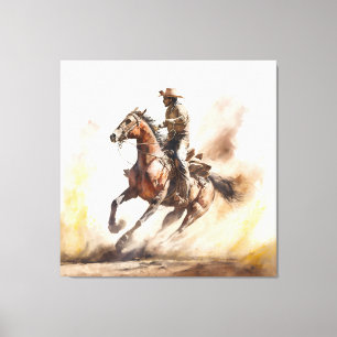 Staubiger Western-Aquarell-Cowboy reitet Mustang Leinwanddruck