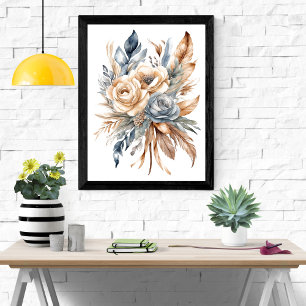 Staubiges Blau Beige Neutrale Farben Floral Boho Poster