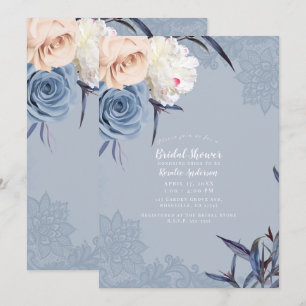 Staubiges Blau Grau & Pfirsich Blumen Spitze Braut Einladung