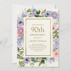 Staubiges Blau Lila Blumen Gold 90. Geburtstag Einladung