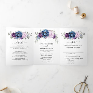 Staubiges Blau Lila Navy Flieder Blüten Hochzeit Dreifach Gefaltete Ankündigung
