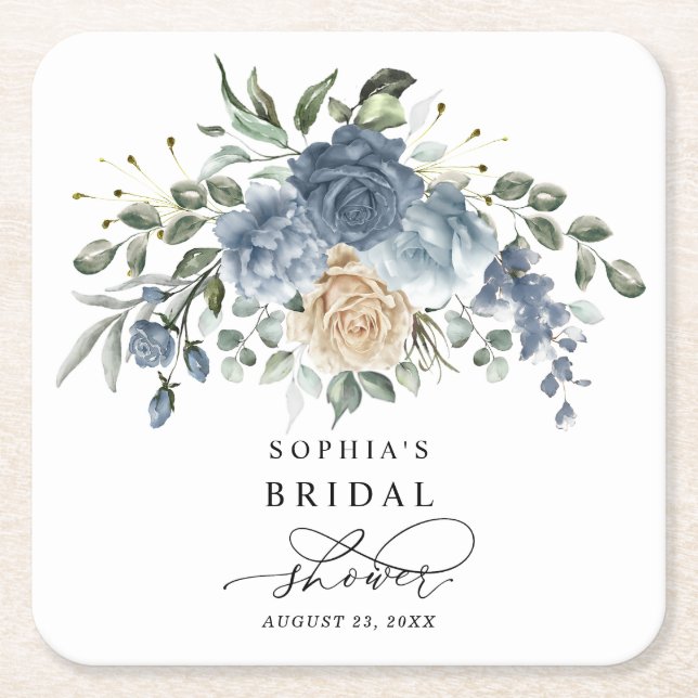 Staubiges Blau und champagnerfarbene Blumen - Brau Rechteckiger Pappuntersetzer (Vorderseite)