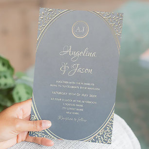 Staubiges Blau und Goldene Luxus-Hochzeit Einladung