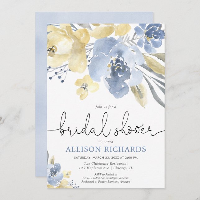 Staubiges blaues und gelbes BlumenBrautparty Einladung (Vorne/Hinten)