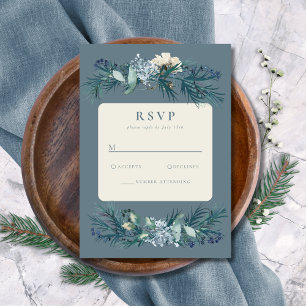 Staubiges Blaugrau Winter Floral Hochzeit RSVP Karte