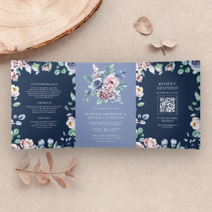 Staubiges Immergrün-Rosa-Blumen-Navy-QR-Code-Hochz Dreifach Gefaltete Einladung
