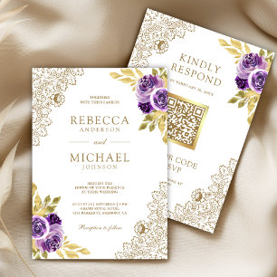 Staubiges Lila Blumen-Spitze Weiß QR Code Hochzeit Einladung