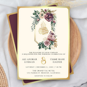 Staubiges Lila Gold Blumenwappen Muslimische Hochz Einladung