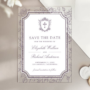 Staubiges lila katholisches Hochzeit-Save-the-Date Acryleinladungen