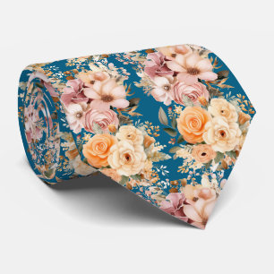 Staubiges Marineblau und Pfirsich-Rosa Blumen Flor Krawatte