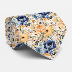 Staubiges Marineblau und Pfirsichrosen Blumen Flor Krawatte