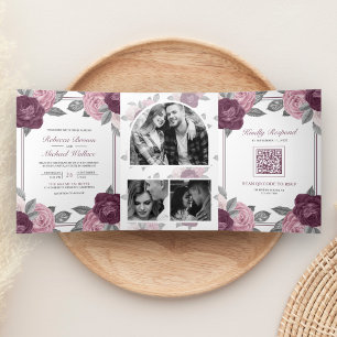 Staubiges Mauve Lila Rosa Rosen QR Code Hochzeit Dreifach Gefaltete Einladung