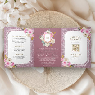Staubiges Mauve Rosa Floral All in One Crest Hochz Dreifach Gefaltete Einladung