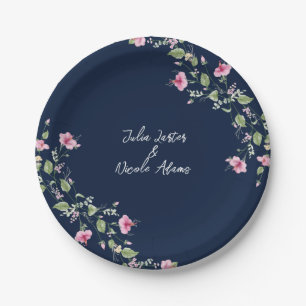 Staubiges Navy Blau Rosa Hibiskusblüten Hochzeitsd Pappteller